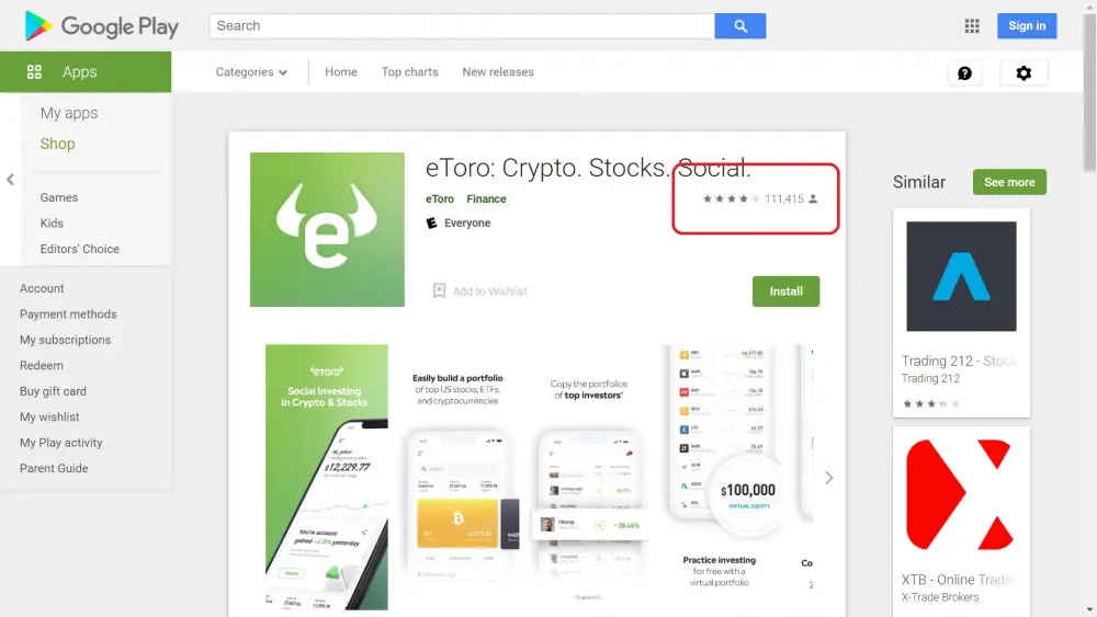 eToro app rating on Google Play
