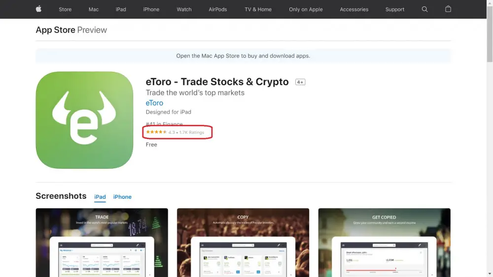eToro app rating on App Store