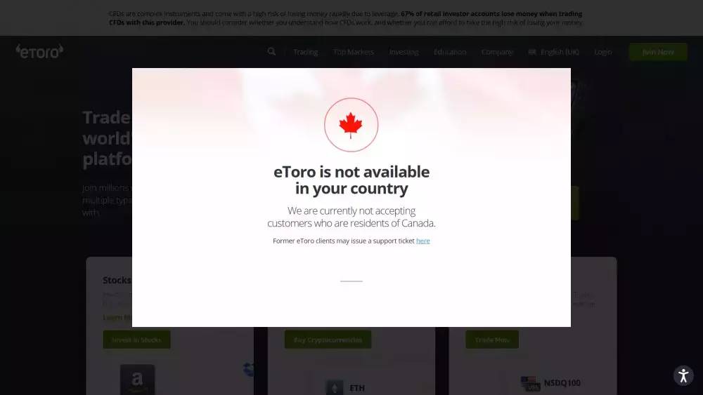Notice from eToro if your country is not supported