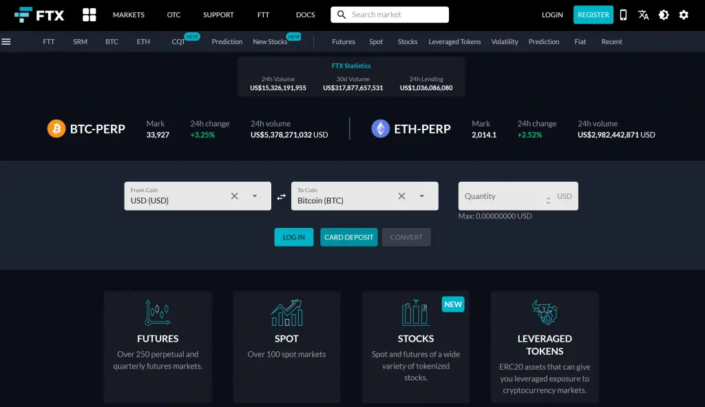 FTX homepage interface